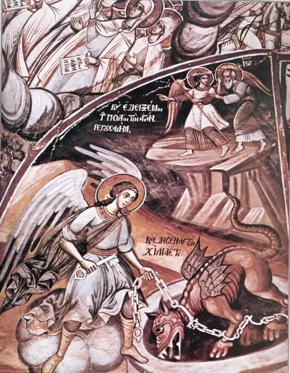 Elaborate 17th-century fresco, narrating the Book of Revelation at the Xeropotamou Monastery on Mount Athos.