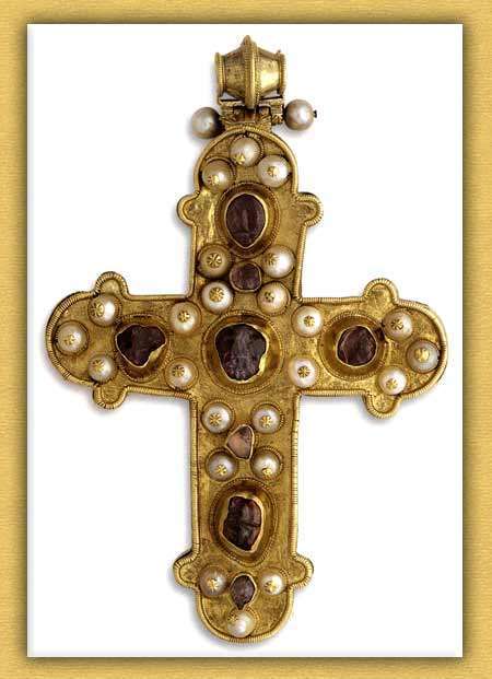 Gilded silver cross with gems and pearls, 13th century.