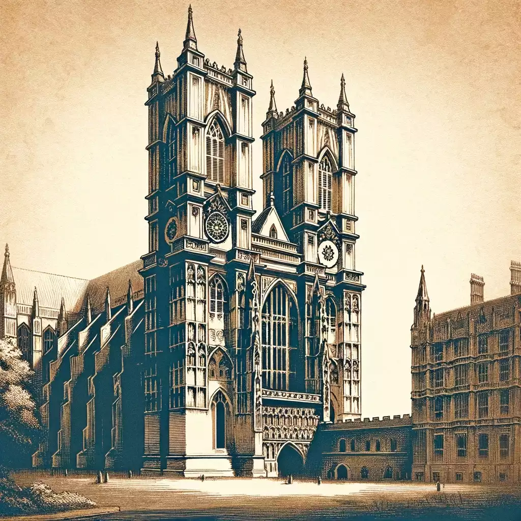 Aged-Westminster-Abbey-in-vintage-lithograph-style