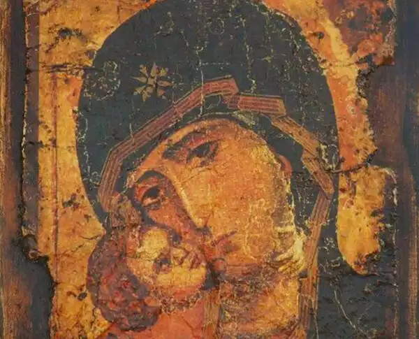 The Panagia and Baby Jesus in a Byzantine icon.
