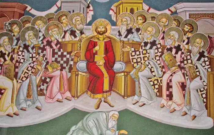 Vibrant-Byzantine-fresco-Holy-Synod-Patriarchs-gathered.