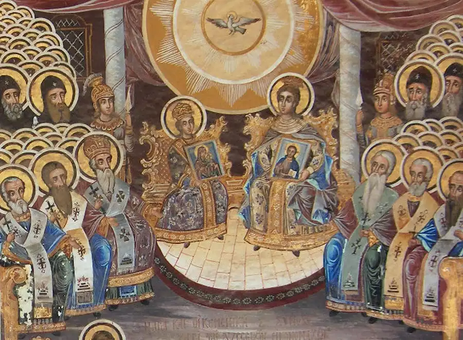 Majestic-Holy-Synod-portrayal-historic-Byzantine-fresco.