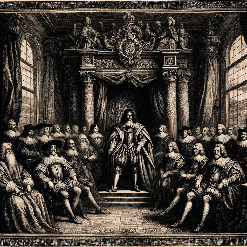 King-James-I-on-throne-with-courtiers