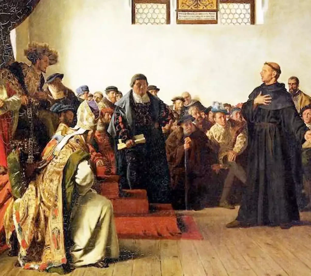 Luther stands strong before Holy Roman Emperor, defying excommunication and sparking Reformation.