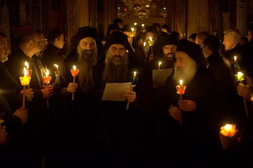 Monks chant the Orthodox Easter Troparion.