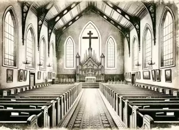 Historic-Methodist-church-aisle-with-intricate-etchings