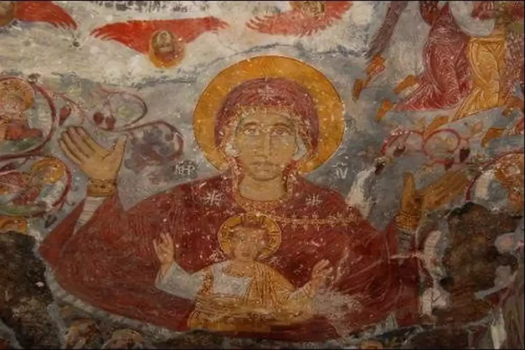 Vibrant-hued-fresco-of-Panagia-in-Pontos-Turkey's-Soumela-Monastery.