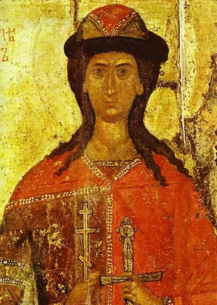 Yaroslavl-Icons-14th-century-icon-of-Saint-Gleb-in-vibrant-colors,-Russian-Museum-exhibit
