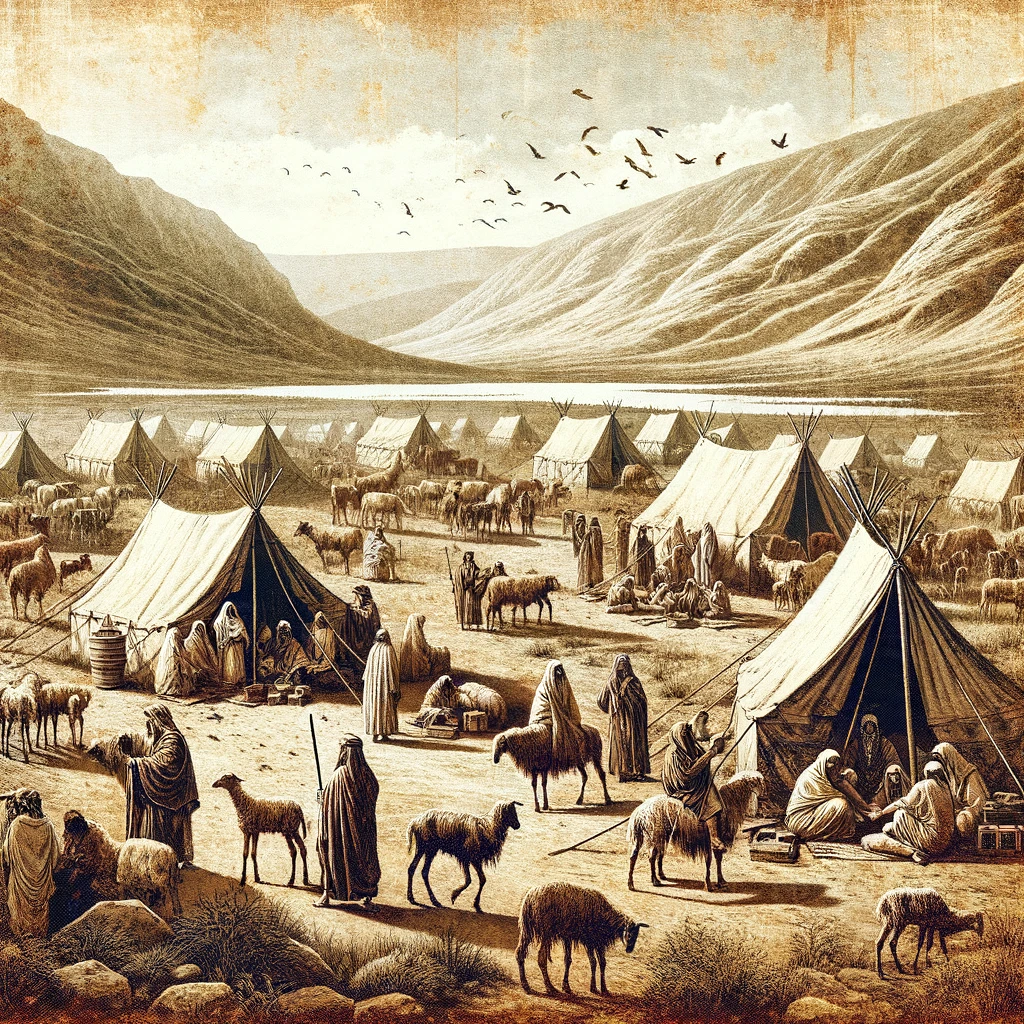 Ancient Zarhites amid their tents, capturing daily life in a 19th-century lithograph style.