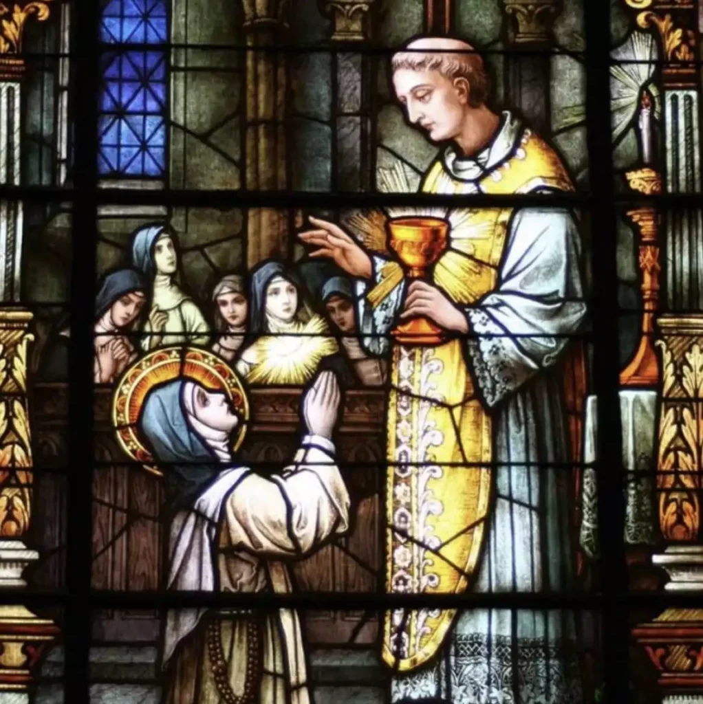 stainglass-depicting-saint-imelda-lambertini-receiving-miraculous-communion
