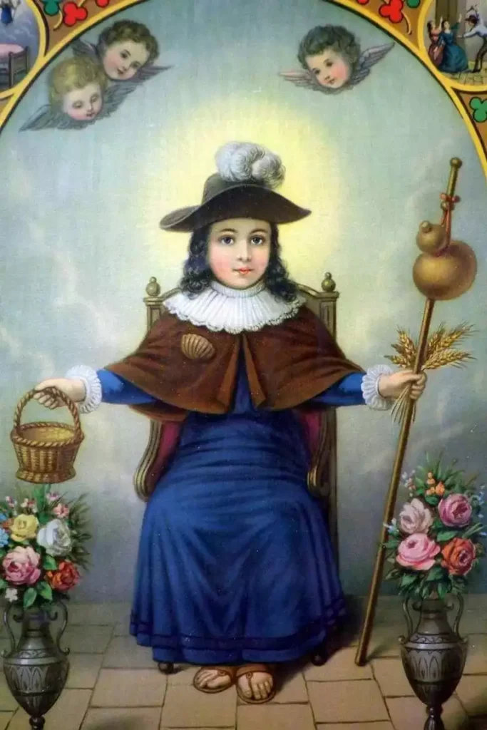 depiction of Holy-Infant-of-Atocha wearing pilgrim's garb including hat and shell